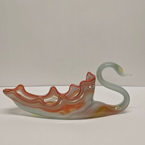 Vintage Sooner Glass Swan Bowl Hand Blown Vase MCM Orange Blue Large - Picture 3 of 9